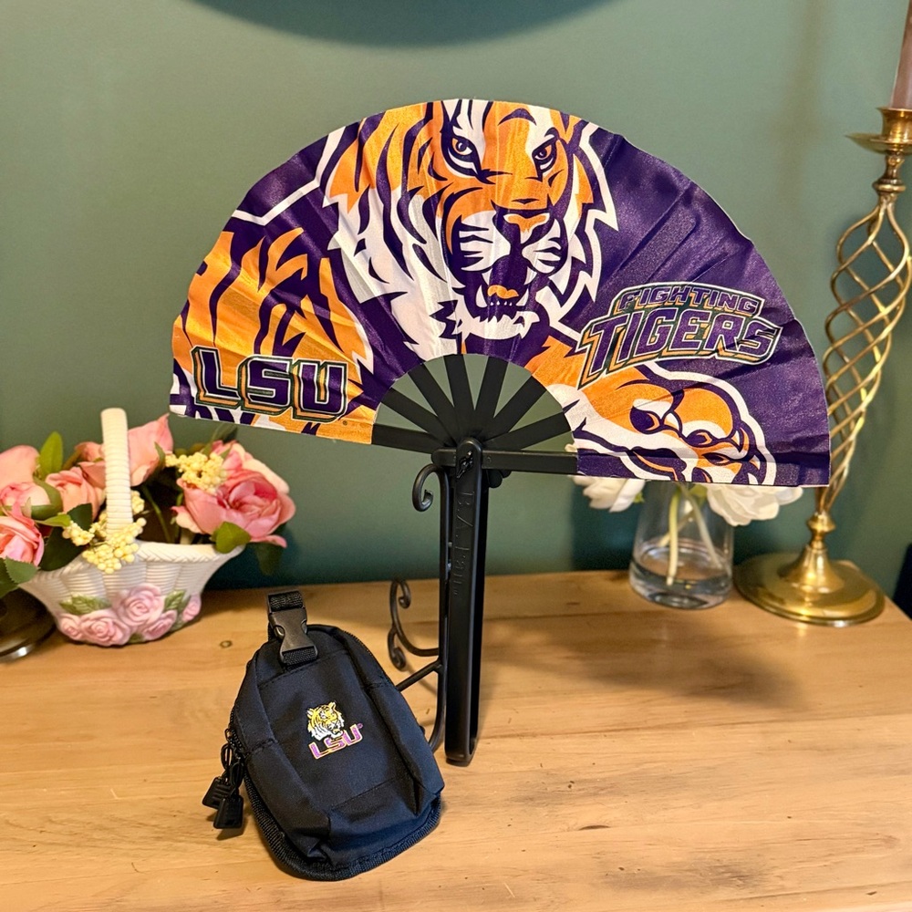 LSU Tigers Folding Fan + Belt Clip Pouch Bundle | Tailgate Game Day Gear